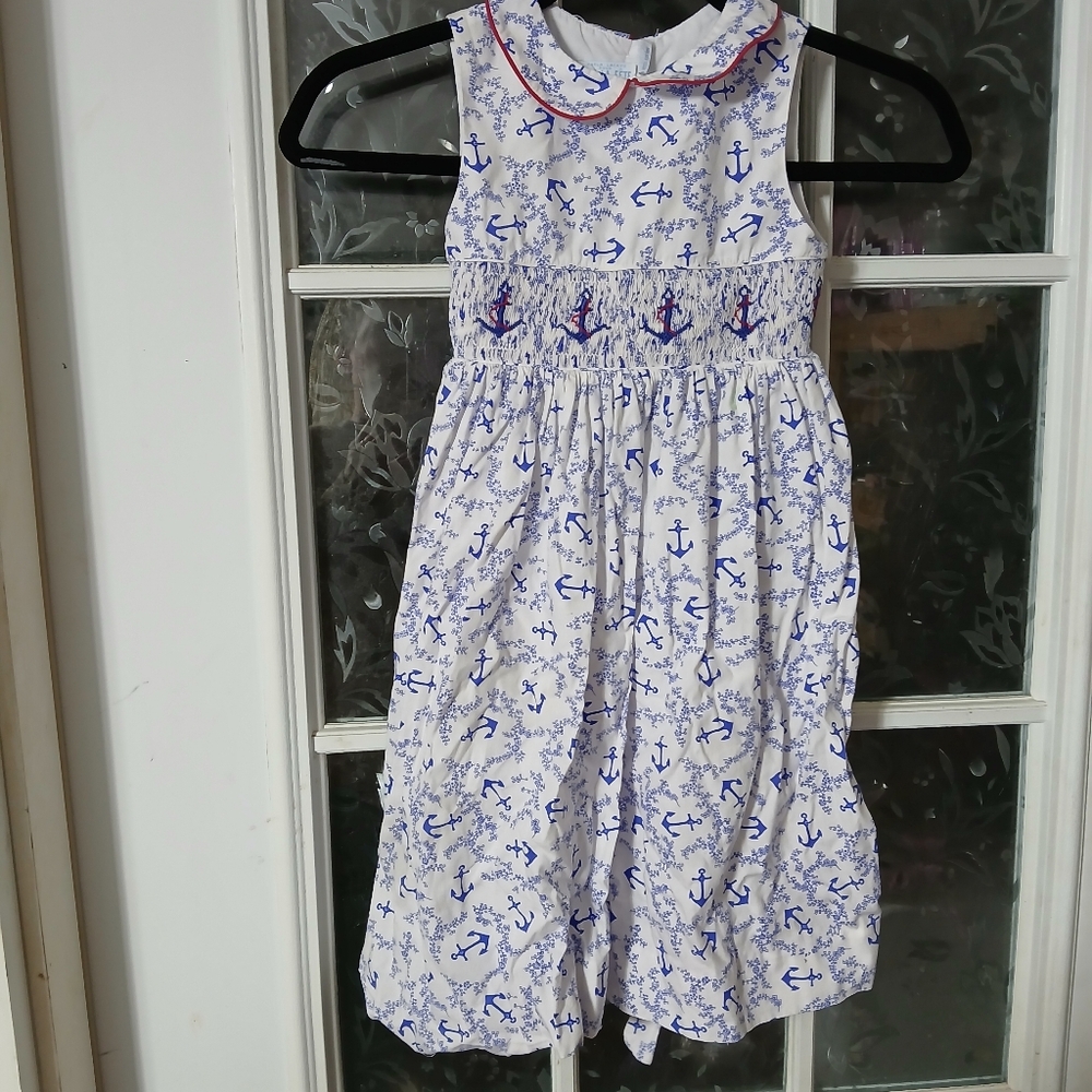 Vive La FeteAnchor Away Embroidered Smocked Sleeveless Dress Girl's 5 Cotton